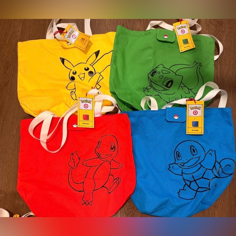 Pokemon Tote Bags- Full Set of Pikachu, Bulbasaur, Charmander, and Squirtle